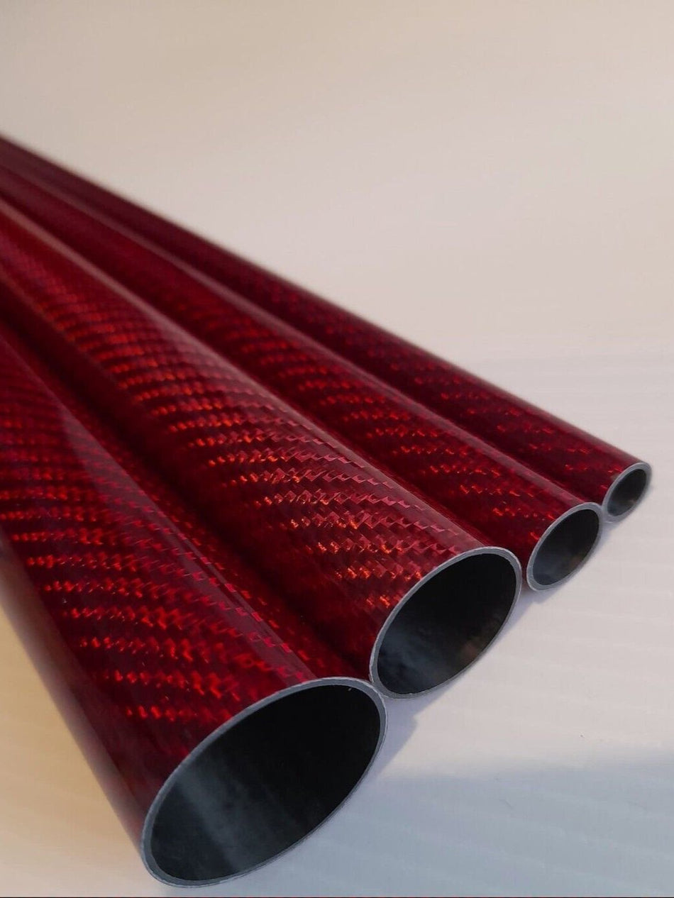 Carbon Fibre Tube Roll Wrapped 1000mm Length Different Diameters Gloss Twill Red